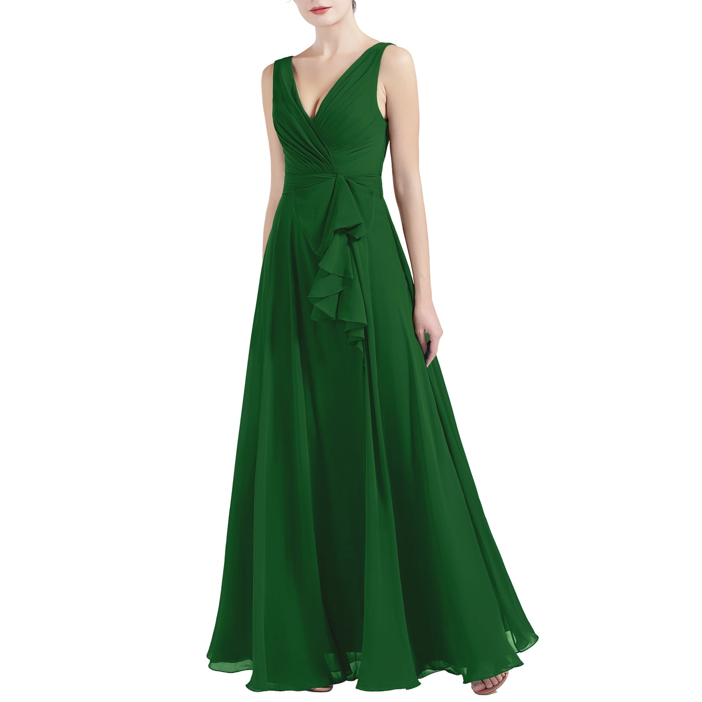 MACloth Women V Neck Long Pleated A Line Wedding Party Bridesmaid Dresses Slit