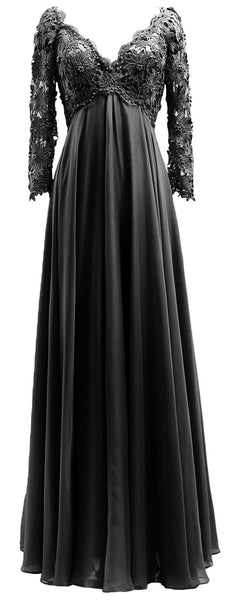 MACloth Women Mother of Bride Dresses V Neck Lace Long Sleeves Evening Gown