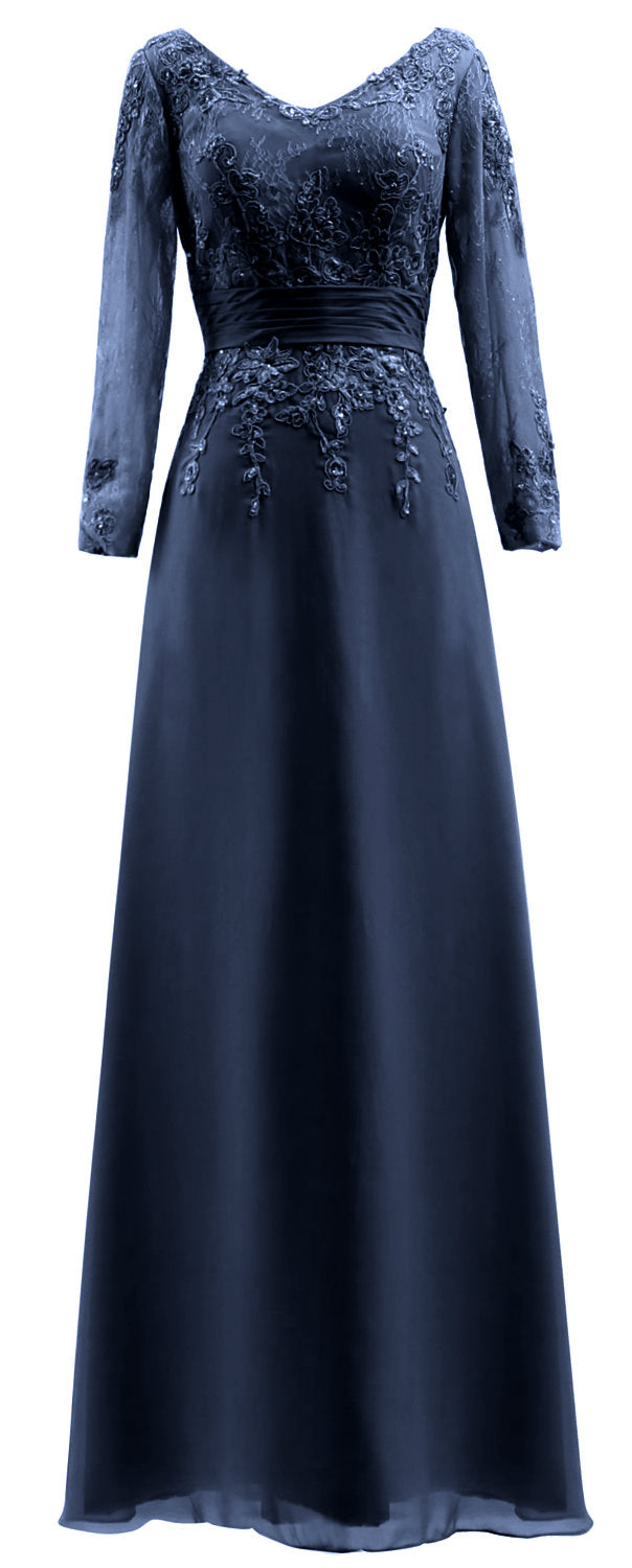 MACloth Vestidos de madre de la novia Mangas largas Cuello en V Encaje Vestido de noche formal