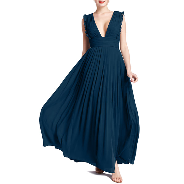 MACloth Women V Neck Ruffle Long Pleated Wedding Party Bridesmaid Dresses