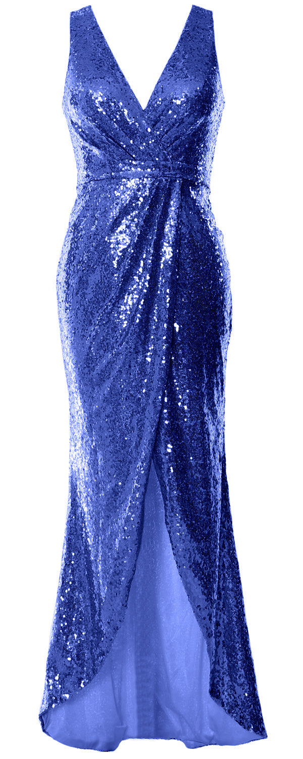 MACloth Women Sequin V Neck Wrap Long Bridesmaid Dresses Wedding Prom Gown