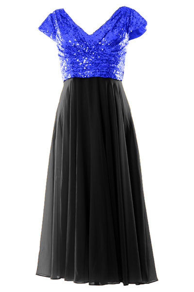 MACloth Women Mother of Bride Dresses Tea Length Sequin Cap Sleeves Bridesmaid