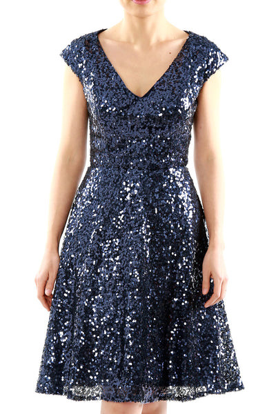 MACloth Women Cap Sleeve Party Formal Gown V Neck Sequin Short Bridesmaid Dress