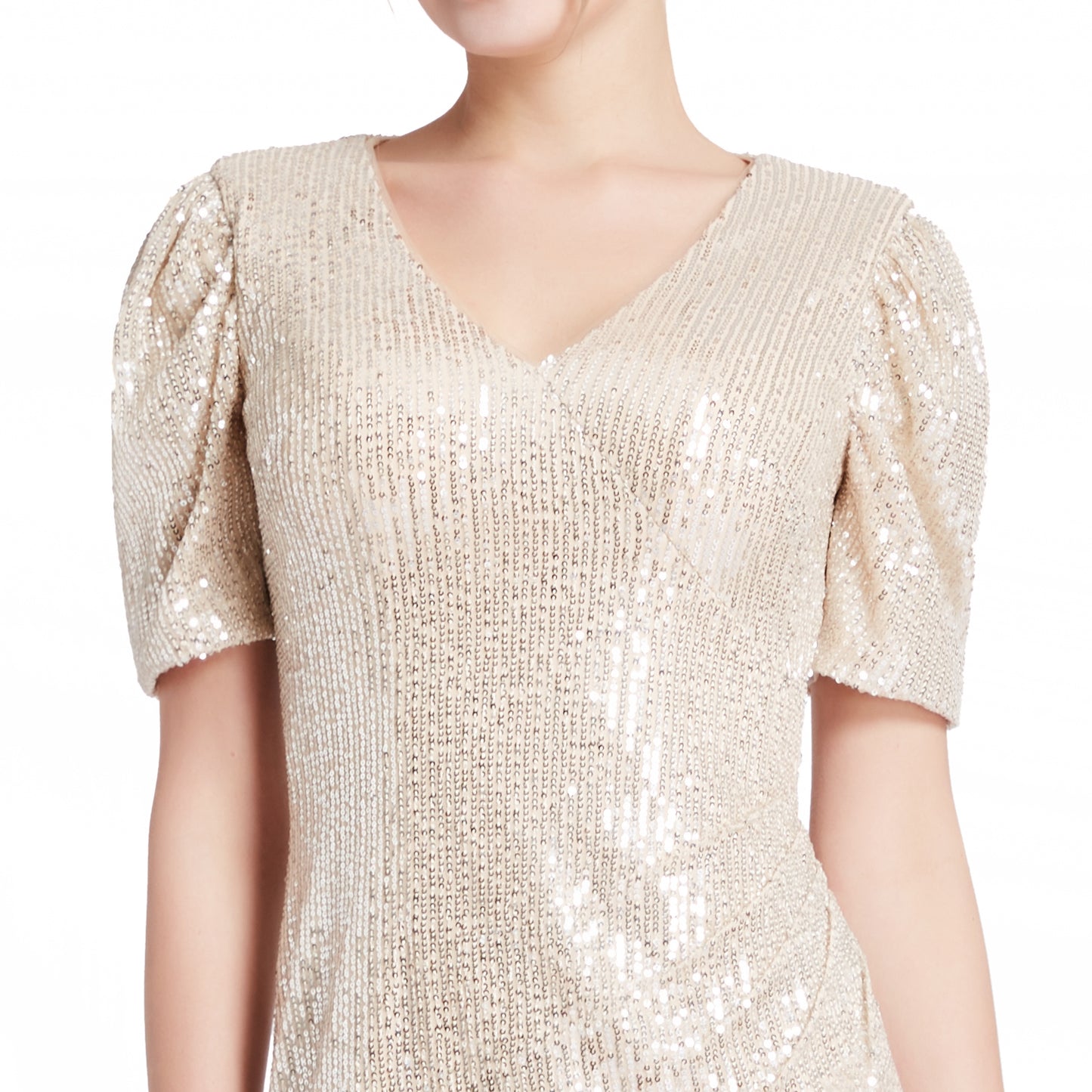 MACloth Women Puff Shoulder Short Sleeves V Neck Wrap Sequin Cocktail Dresses