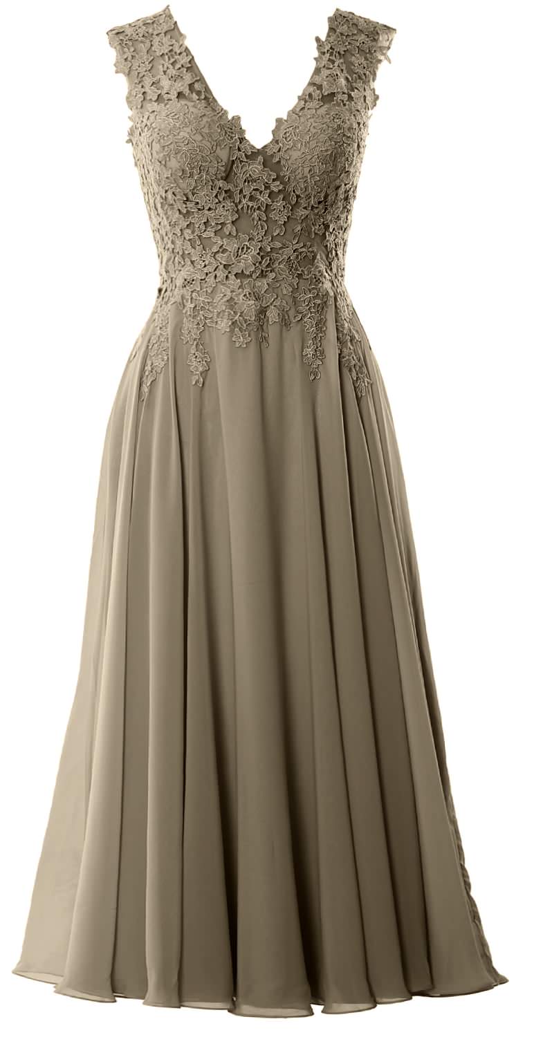 MACloth Women V Neck Lace Mother Bride Dresses Midi Tea Length Wedding Dinner