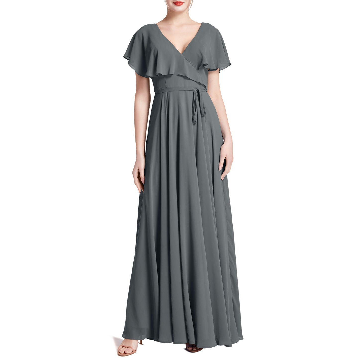 MACloth Women V Neck Ruffle BatWing Short Sleeve Maxi Wedding Bridesmaid Dresses