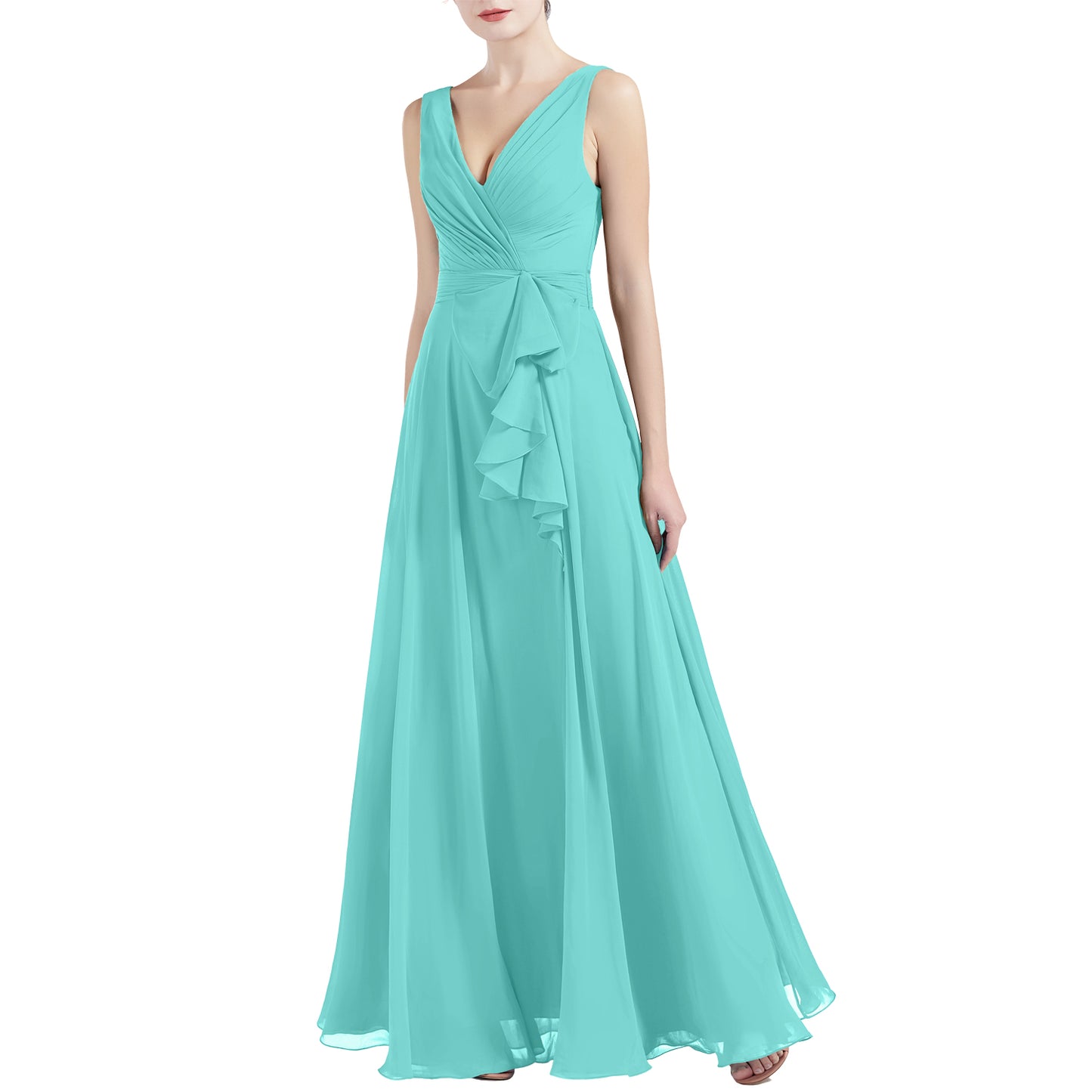 MACloth Women V Neck Long Pleated A Line Wedding Party Bridesmaid Dresses Slit