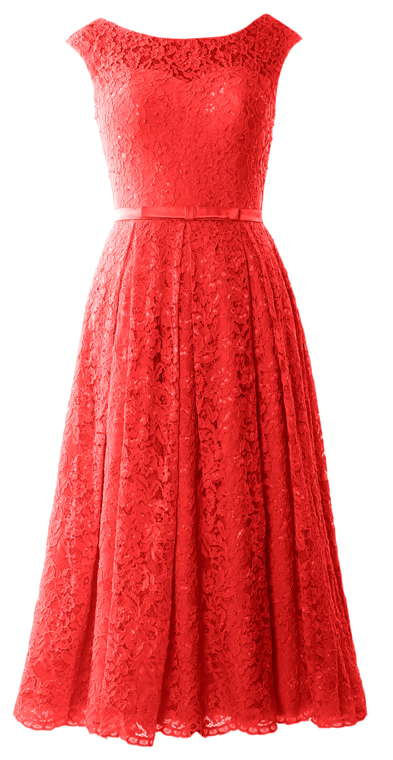 MACloth Women Tea Length Mother Bride Gown Dresses Cap Sleeve Lace Midi Corset