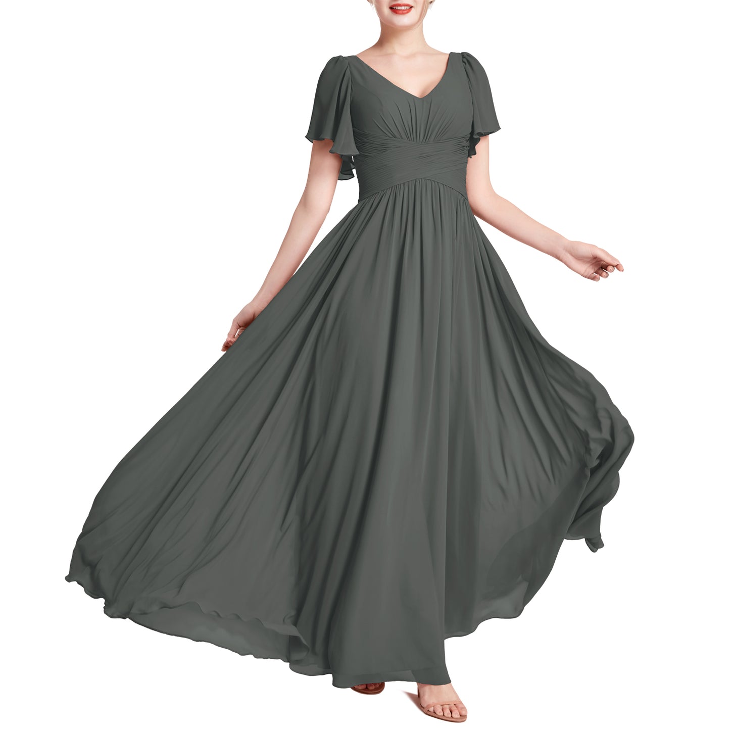 MACloth Vestidos de dama de honor románticos para fiesta de boda con cuello en V y manga corta para mujer