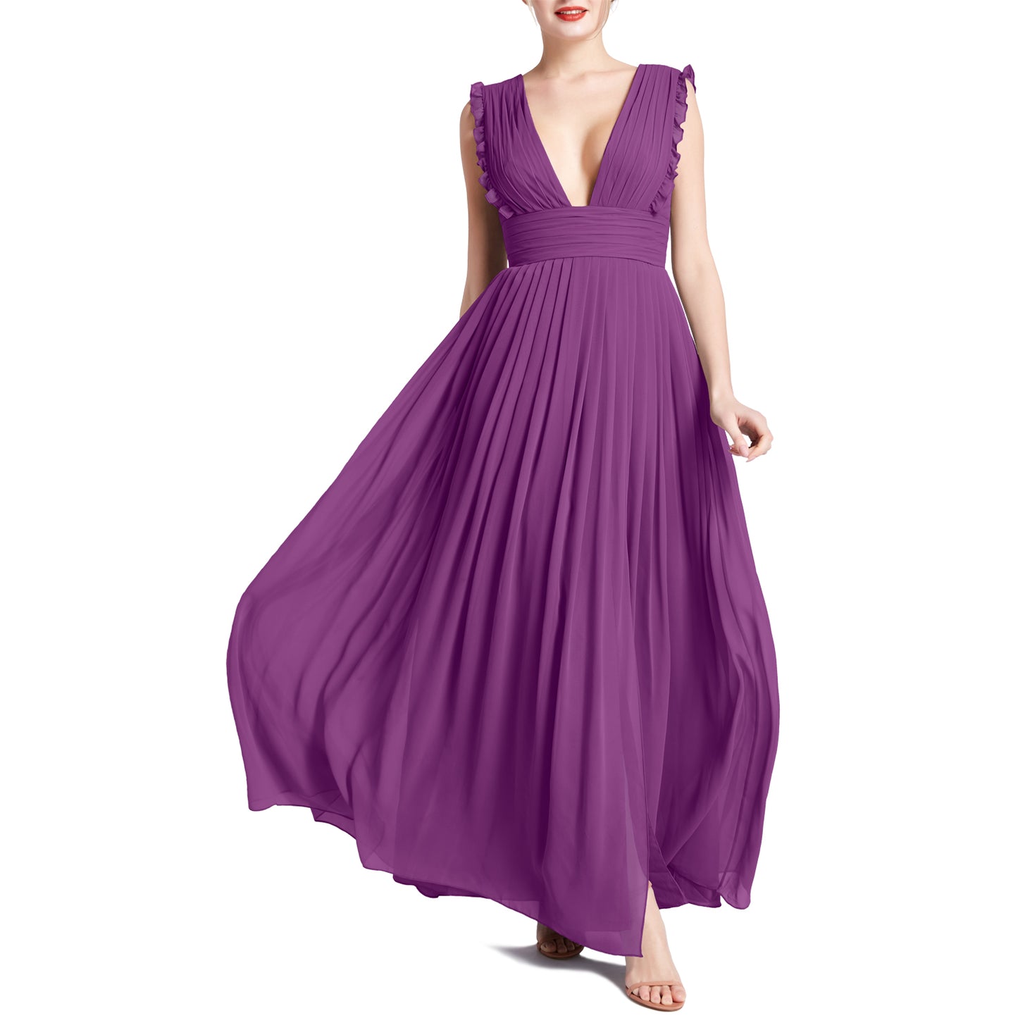 MACloth Women V Neck Ruffle Long Pleated Wedding Party Bridesmaid Dresses