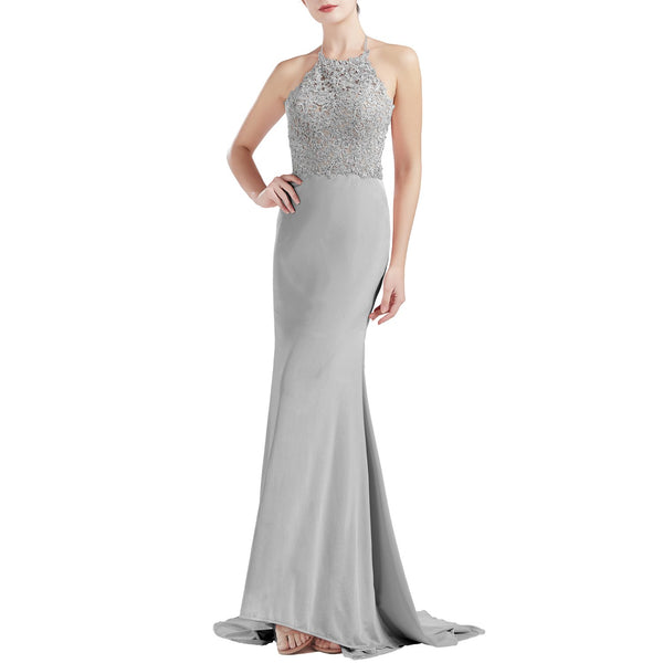 MACloth Women Sleeveless Halter Jersey Mermaid Long Prom Party Dresses Evening