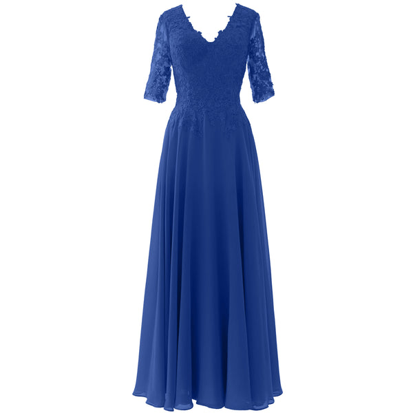 MACloth Long Maxi Mother Bride Dresses Short Sleeve Lace V Neck Evening Gown