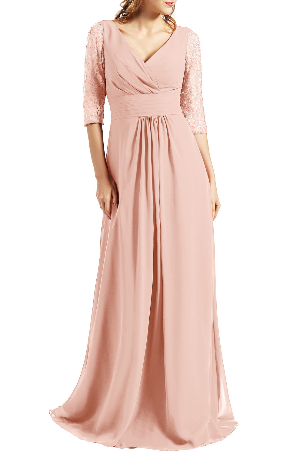 MACloth Langes Abendkleid für die Brautmutter mit V-Ausschnitt und 3/4-Ärmeln für Damen