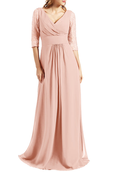 MACloth Women Long Mother of the Bride Dresses V Neck 3/4 Sleeves Evening Gown