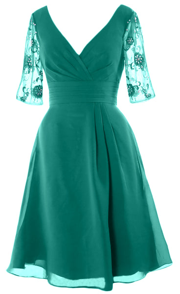 MACloth Mother of Bride Short Dresses Half Sleeves V Neck Cocktail