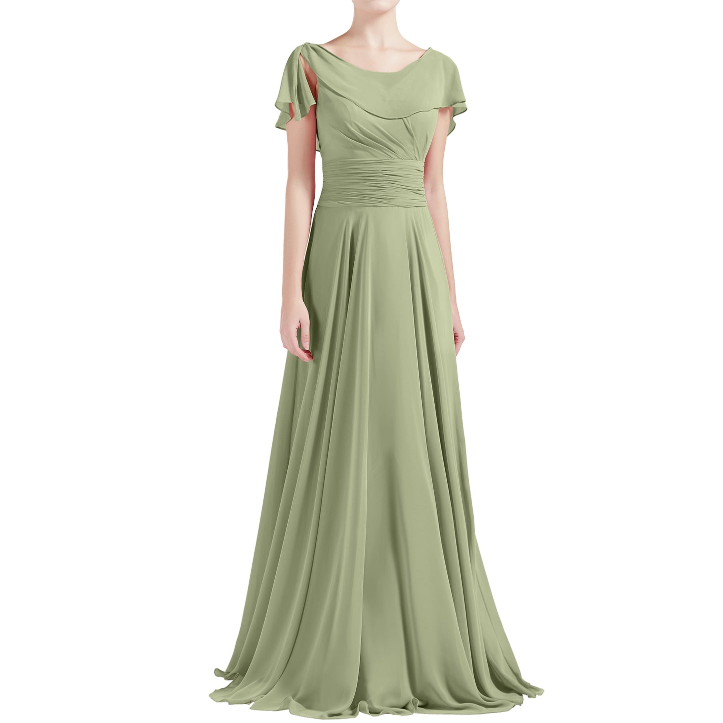 MACloth Damen O-Ausschnitt Rüschen Kurze Ärmel A-Linie Maxikleid Hochzeit Brautjungfernkleid