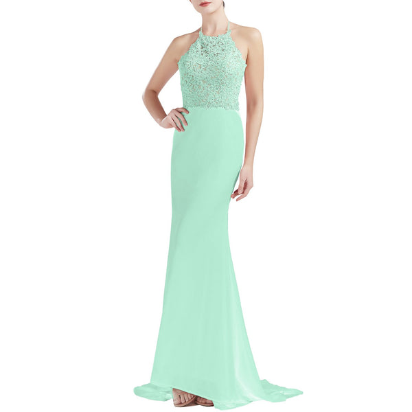 MACloth Women Sleeveless Halter Jersey Mermaid Long Prom Party Dresses Evening
