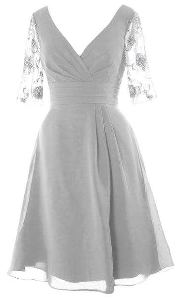 MACloth Mother of Bride Short Dresses Half Sleeves V Neck Cocktail