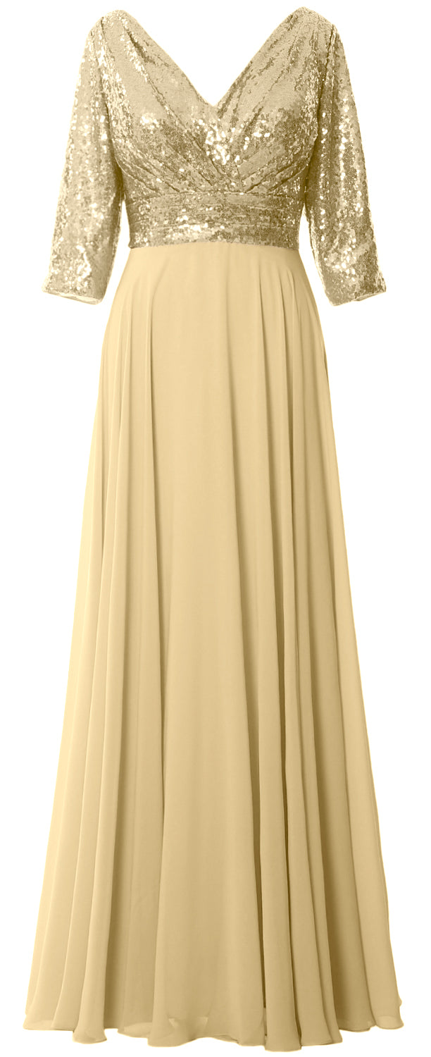 MACloth Damen Maxikleid mit langen Ärmeln und V-Ausschnitt und Pailletten