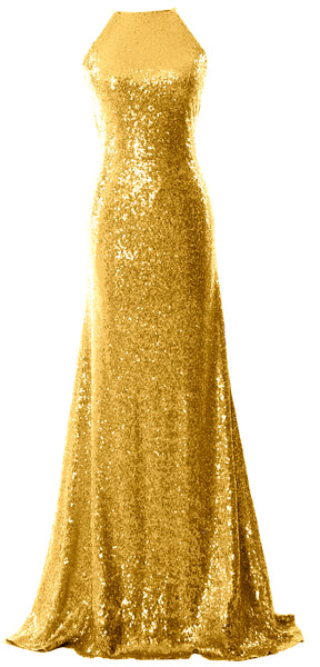 MACloth Women Bridesmaid Dress Sequin Long Halter Cowlback Prom Ball Gown