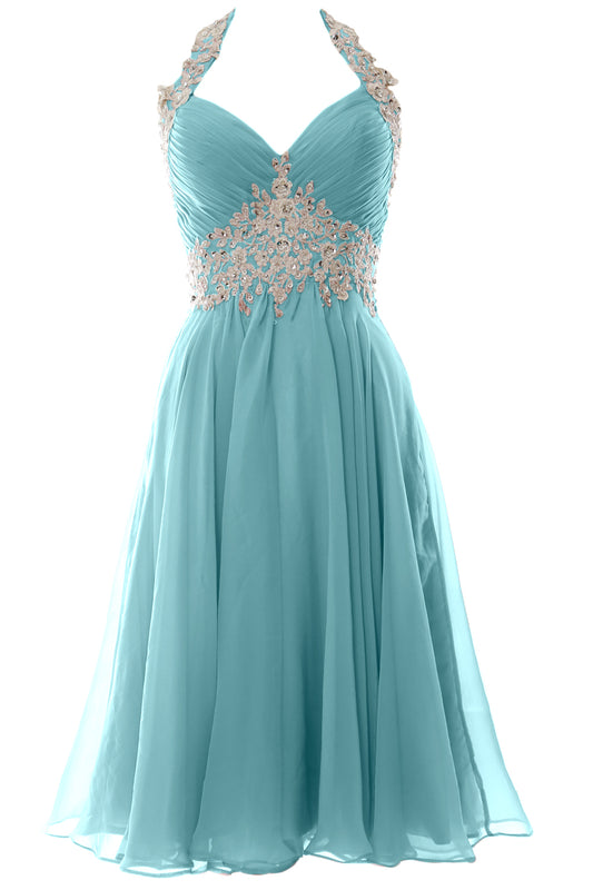 MACloth Damen Neckholder Kurz Spitze Perlenbesetztes Kleid für Hochzeitsgäste Homecoming