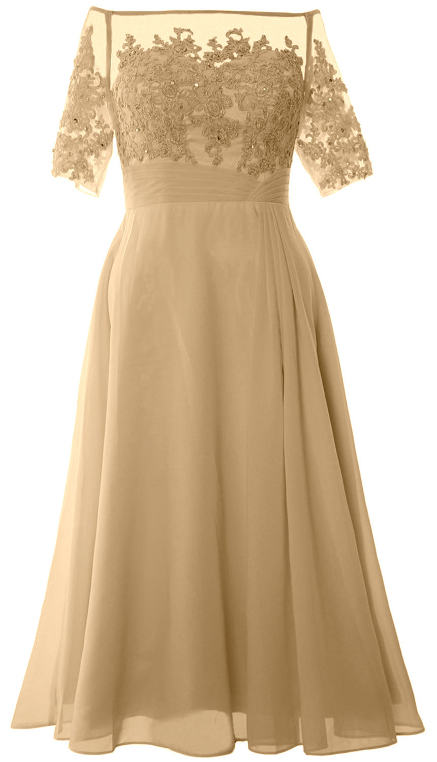 Vestidos de madre de la novia de MACloth, mangas cortas, midi, hombros descubiertos, semi formales