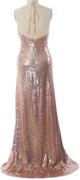 MACloth Women Halter Long Sequin Bridesmaid Dresses Party Evening Gown Maxi