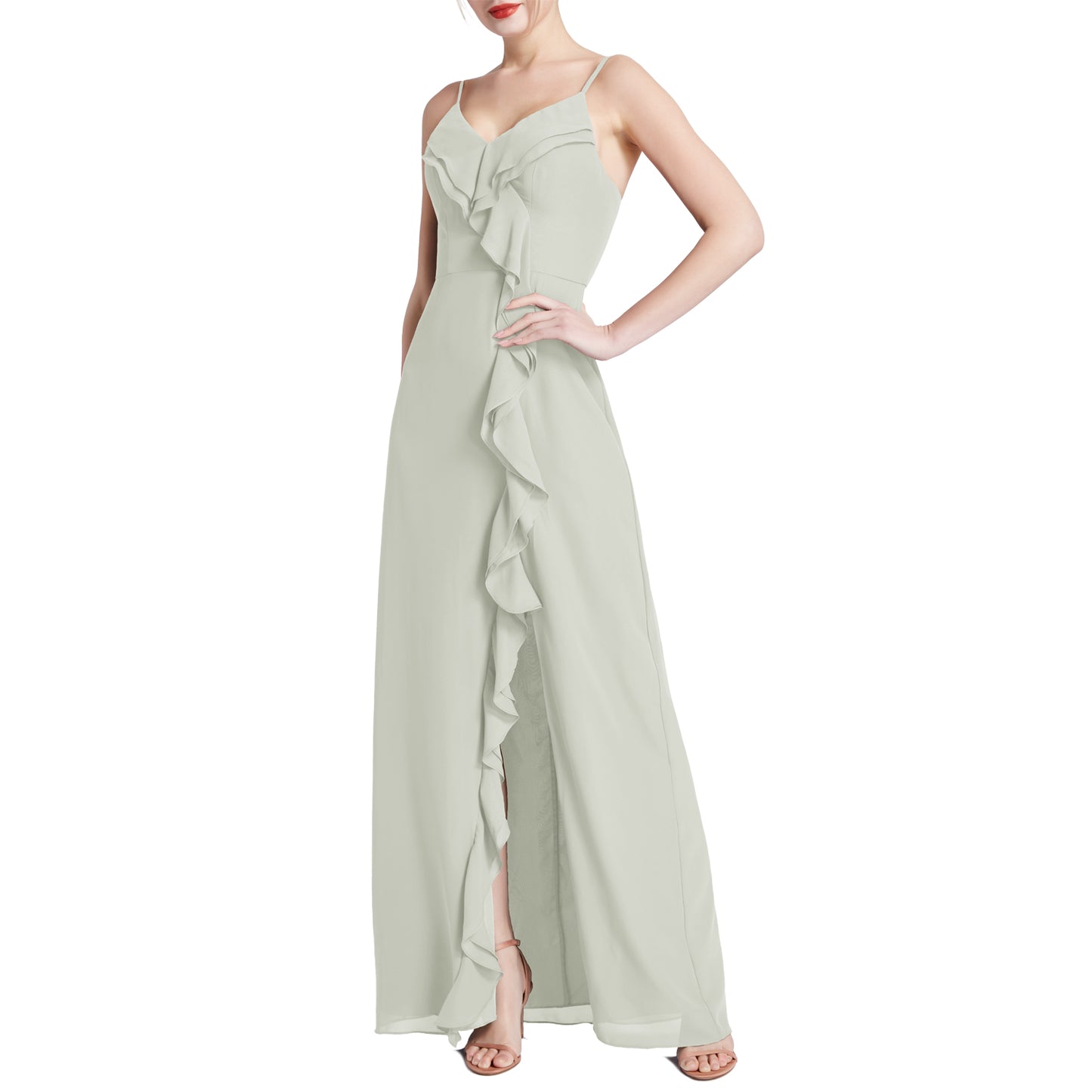 MACloth Women V Neck Ruffle Chiffon Long Wedding Party Bridesmaid Dresses Slit