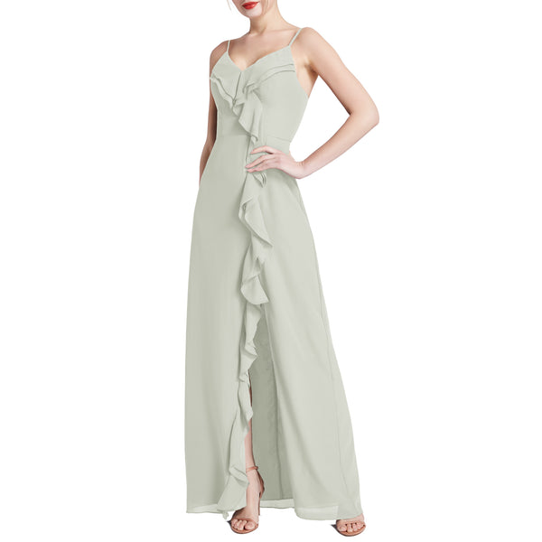 MACloth Women V Neck Ruffle Chiffon Long Wedding Party Bridesmaid Dresses Slit