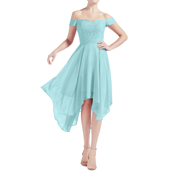 MACloth Women Hi Lo Off Shoulder Lace Beaded Wedding Bridesmaid Dresses MoH