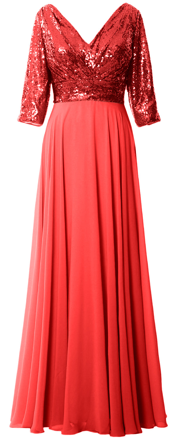 MACloth Damen Maxikleid mit langen Ärmeln und V-Ausschnitt und Pailletten