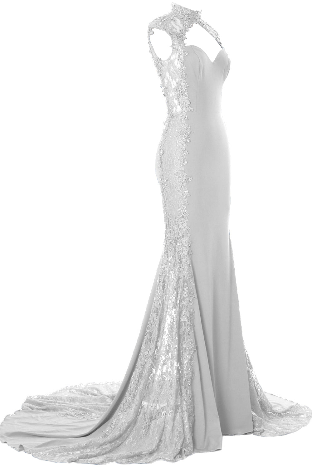 MACloth Women Prom Dresses Mermaid High Neck Sleeveless Lace Formal Evening Gown