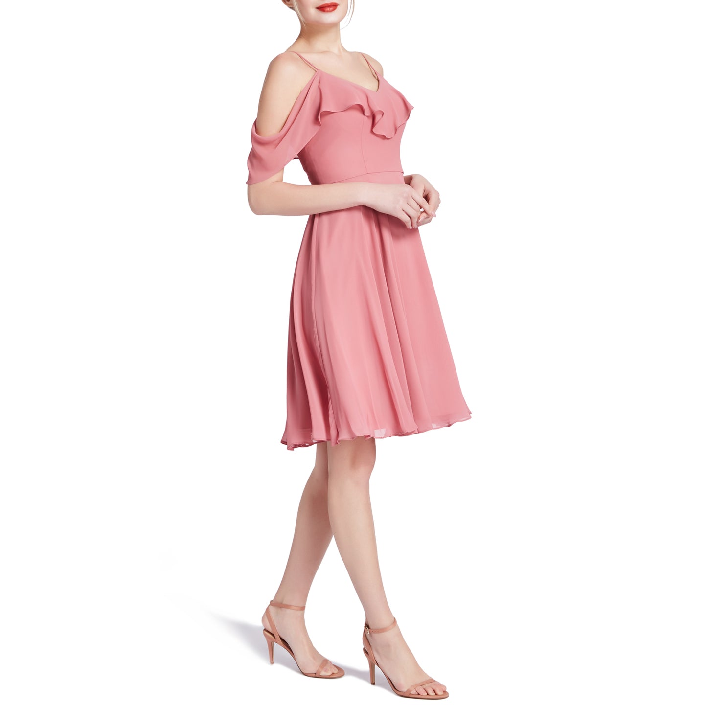 MACloth Damen-Kleid mit kalten Schultern und Rüschen, kurz, für Hochzeit, Party, Brautjungfern