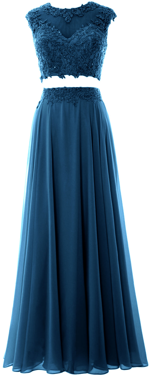 MACloth Vestido largo de fiesta de 2 piezas para mujer, de gasa con encaje, vestido formal de noche para fiesta