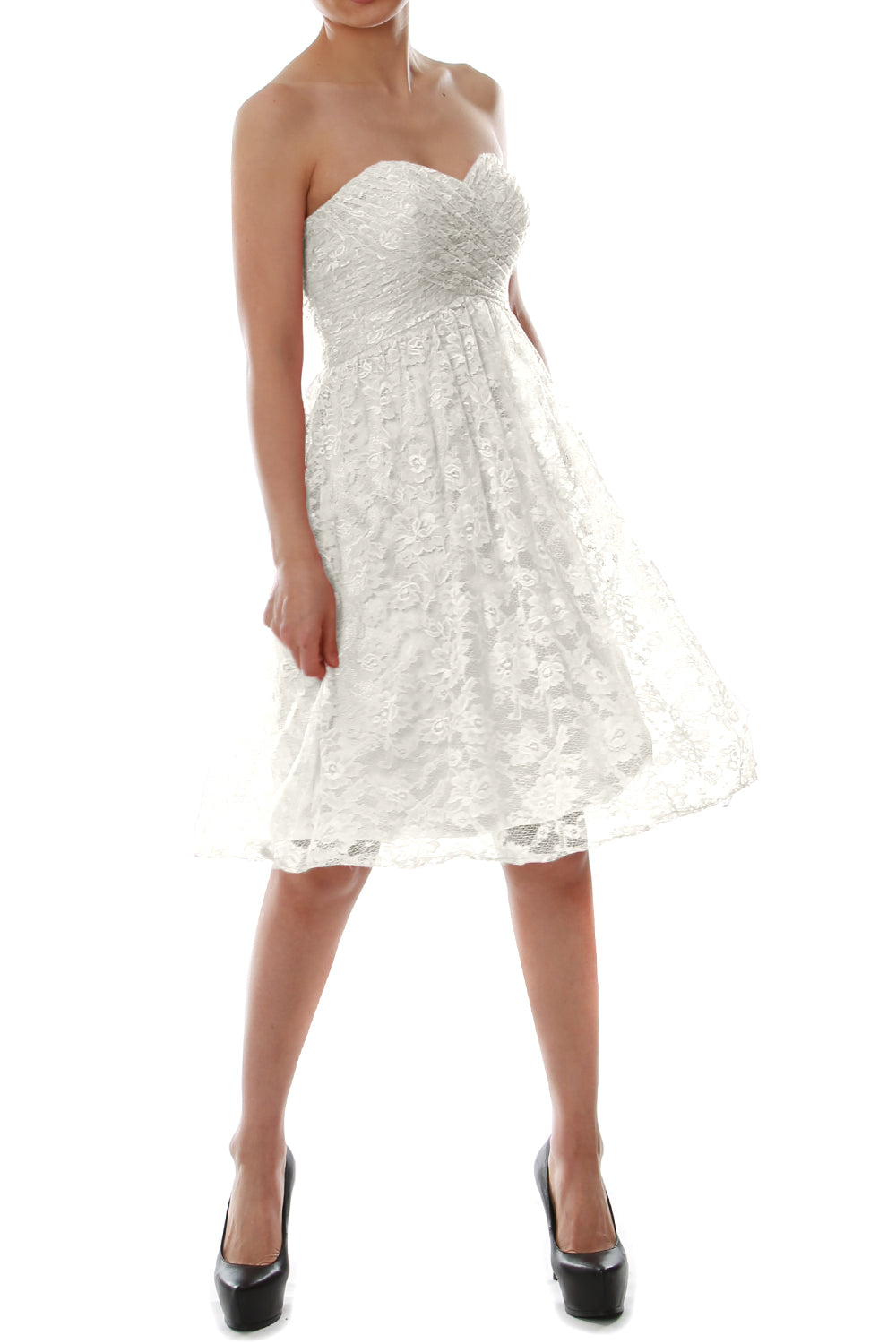 MACloth Women Strapless Wedding Party Formal Gown Short Lace Bridesmaid Dress