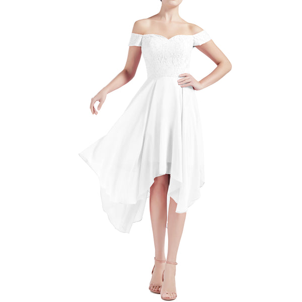 MACloth Women Hi Lo Off Shoulder Lace Beaded Wedding Bridesmaid Dresses MoH