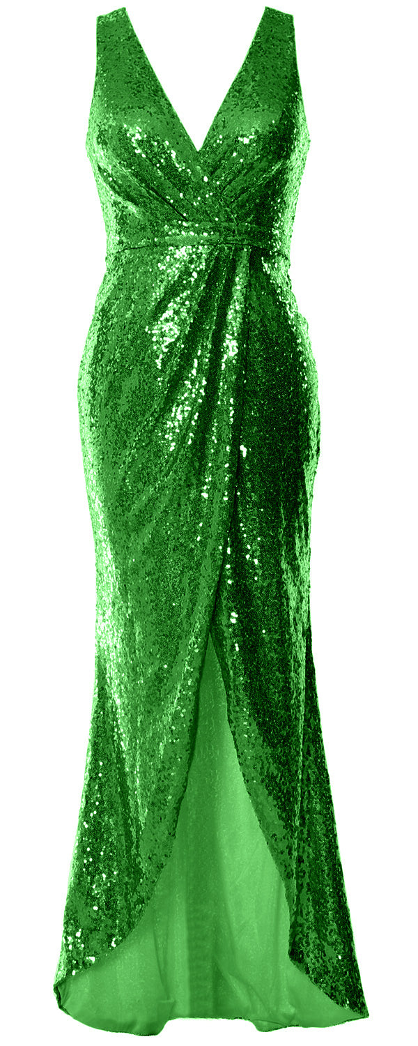 MACloth Women Sequin V Neck Wrap Long Bridesmaid Dresses Wedding Prom Gown