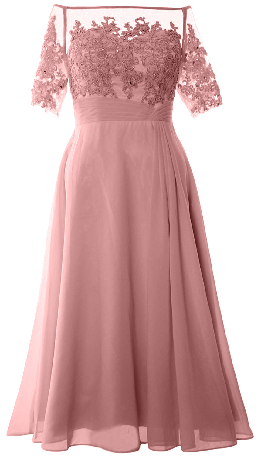 Vestidos de madre de la novia de MACloth, mangas cortas, midi, hombros descubiertos, semi formales