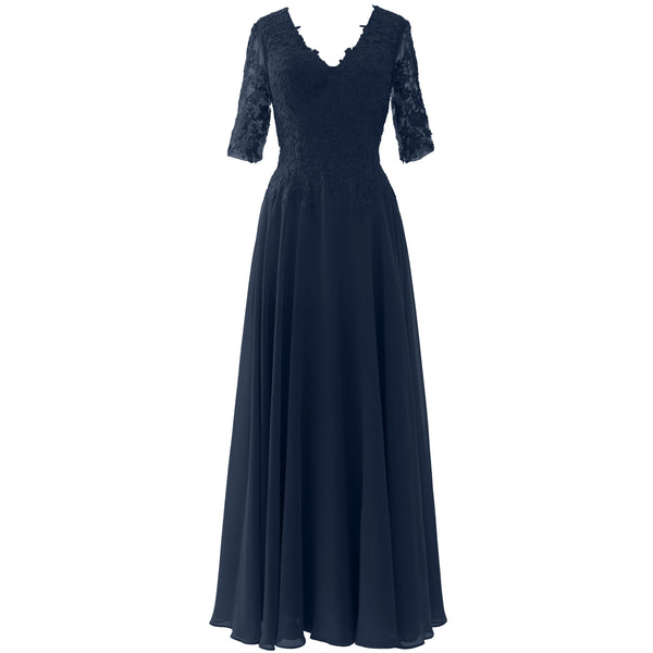 MACloth Long Maxi Mother Bride Dresses Short Sleeve Lace V Neck Evening Gown