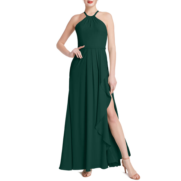 MACloth Women Halter Long Maxi Wedding Party Bridesmaid Dresses with Drape Slit
