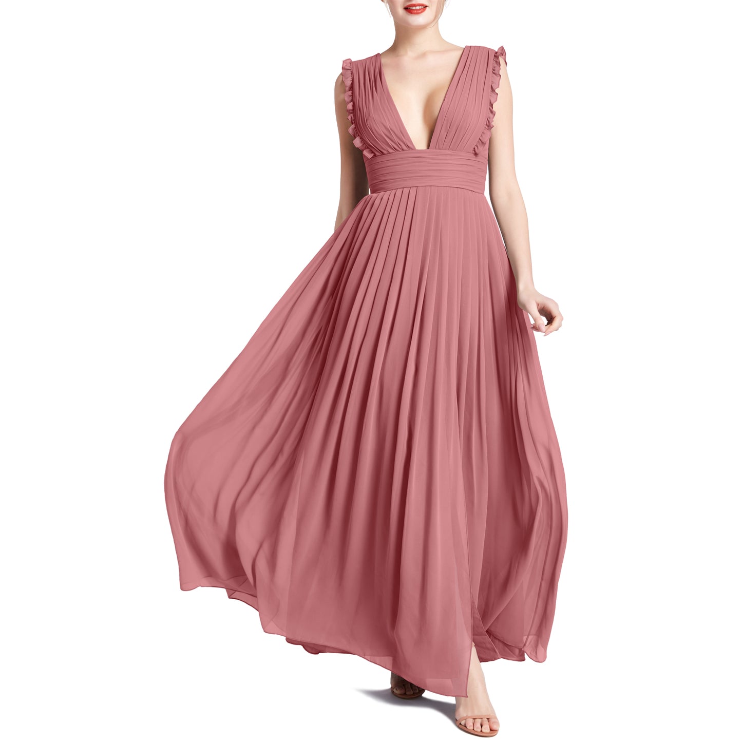 MACloth Women V Neck Ruffle Long Pleated Wedding Party Bridesmaid Dresses