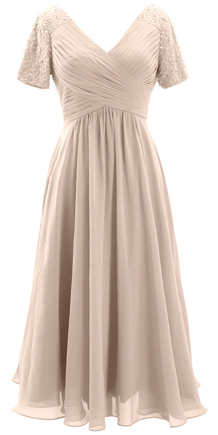 Macloth Women Midi Mother Bride Dresses Short Sleeves Wedding Guest Tea Length Nude / Above Knee / Custom Size Macloth Women Midi Mother Bride Dresses Short Sleeves Wedding Guest Tea Length Nude / Above Knee / Custom Size