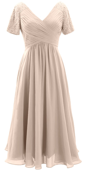 MACloth Women Midi Mother Bride Dresses Short Sleeves Wedding Guest Tea Length