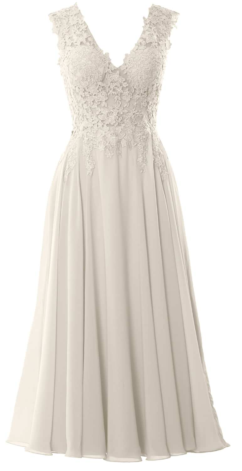 MACloth Women V Neck Lace Mother Bride Dresses Midi Tea Length Wedding Dinner