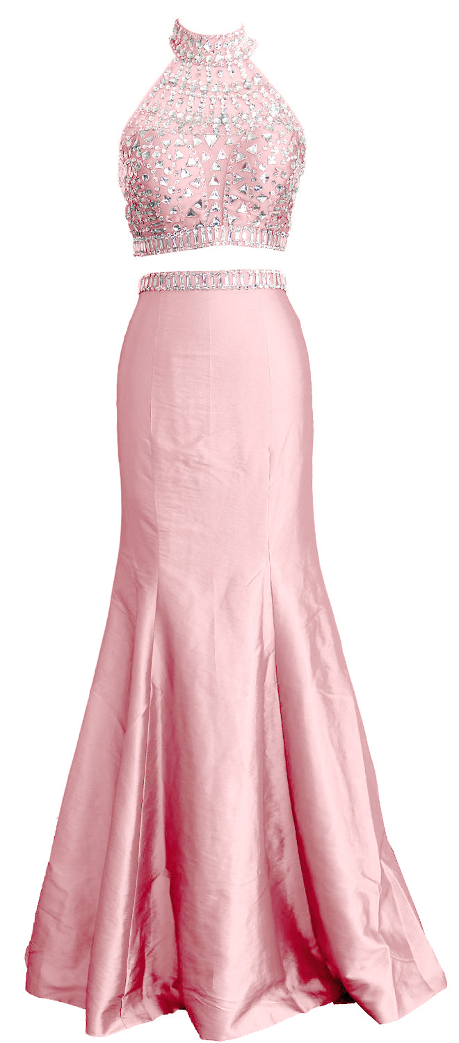 MACloth Damen Meerjungfrau Zweiteiliges Ballkleid mit hohem Halsausschnitt aus Taft, lang, formelles Kleid