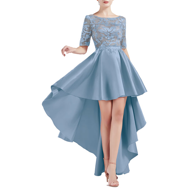 MACloth Women Scoop Neckline Half Sleeve High Low Lace Satin Prom Party Homecoming Dresses