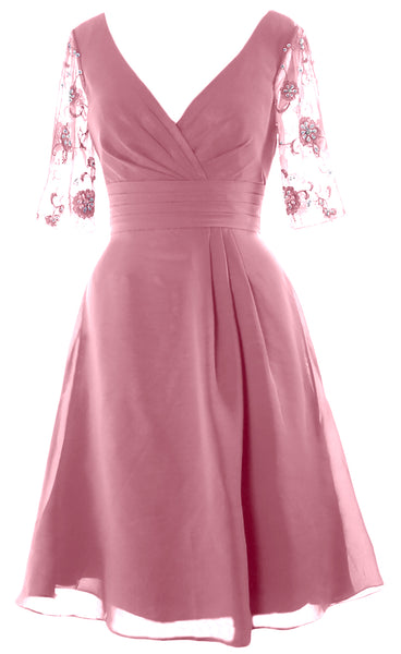 MACloth Mother of Bride Short Dresses Half Sleeves V Neck Cocktail