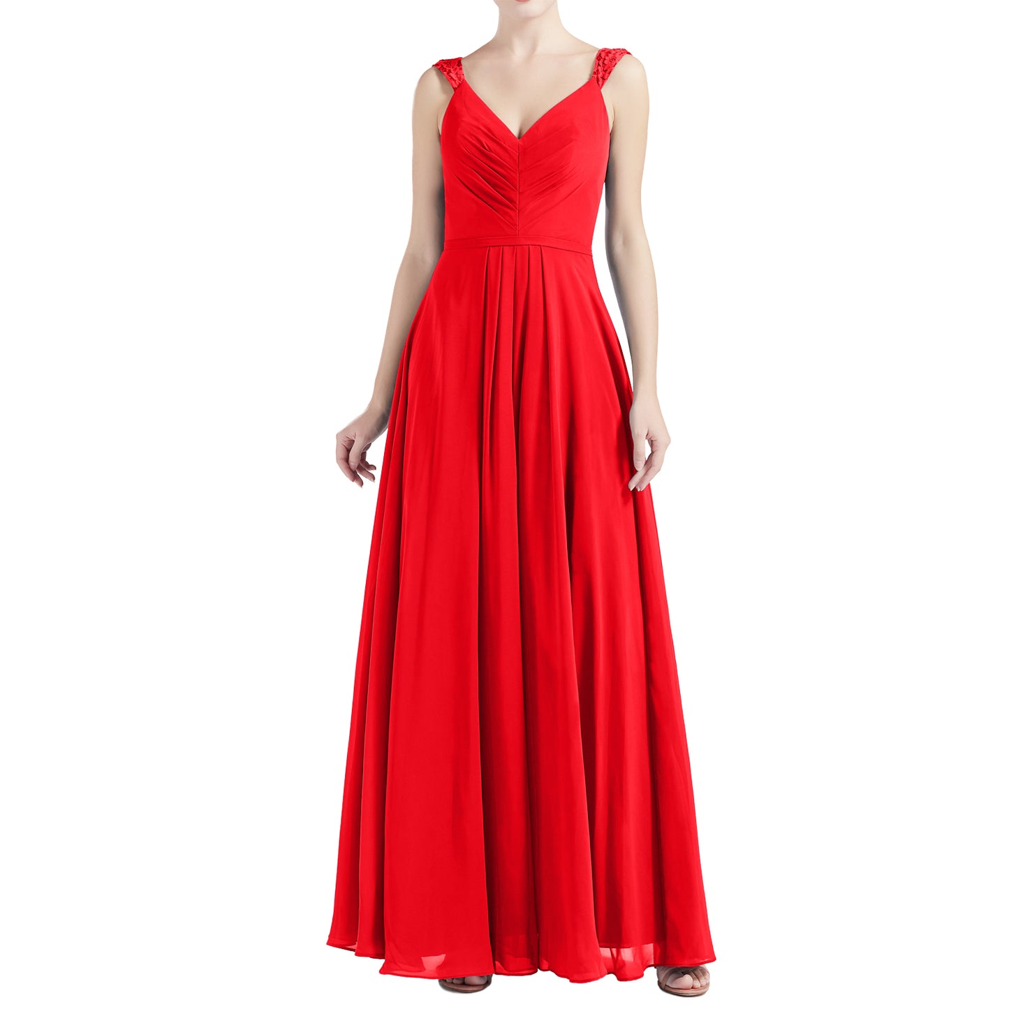 MACloth Women V Neck Lace Chiffon A Line Maxi Wedding Party Bridesmaid Dresses