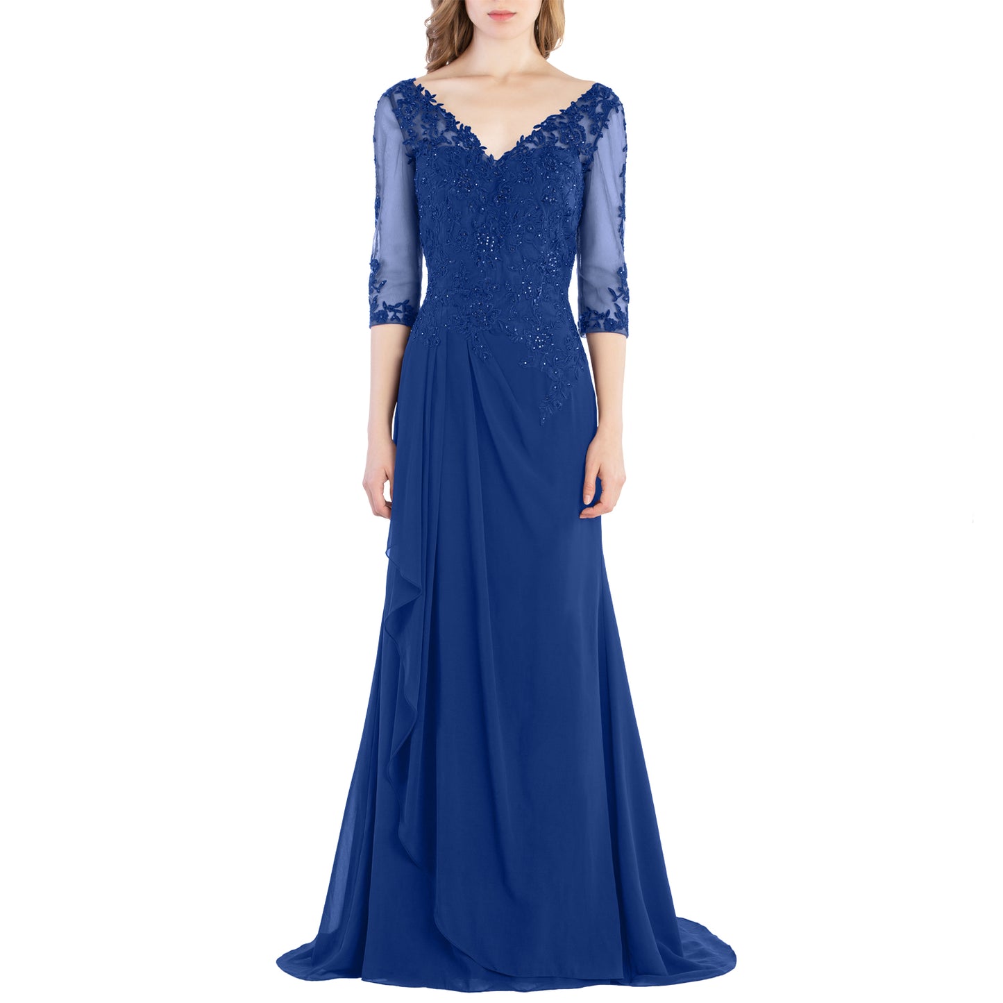 Vestido de novia largo de encaje con escote en V y mangas 3/4 de MACloth para madre de la novia y dama de honor