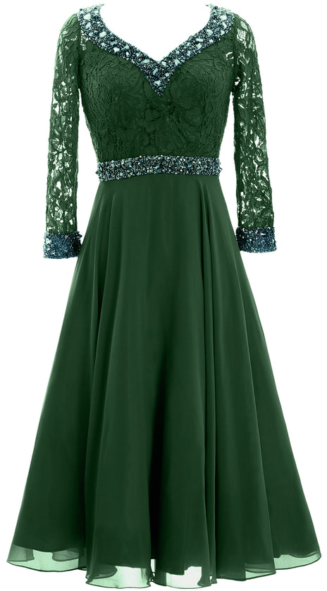 MACloth Women 3/4 Sleeve Lace Wedding Tea Length Mother of Bride Dresses Midi